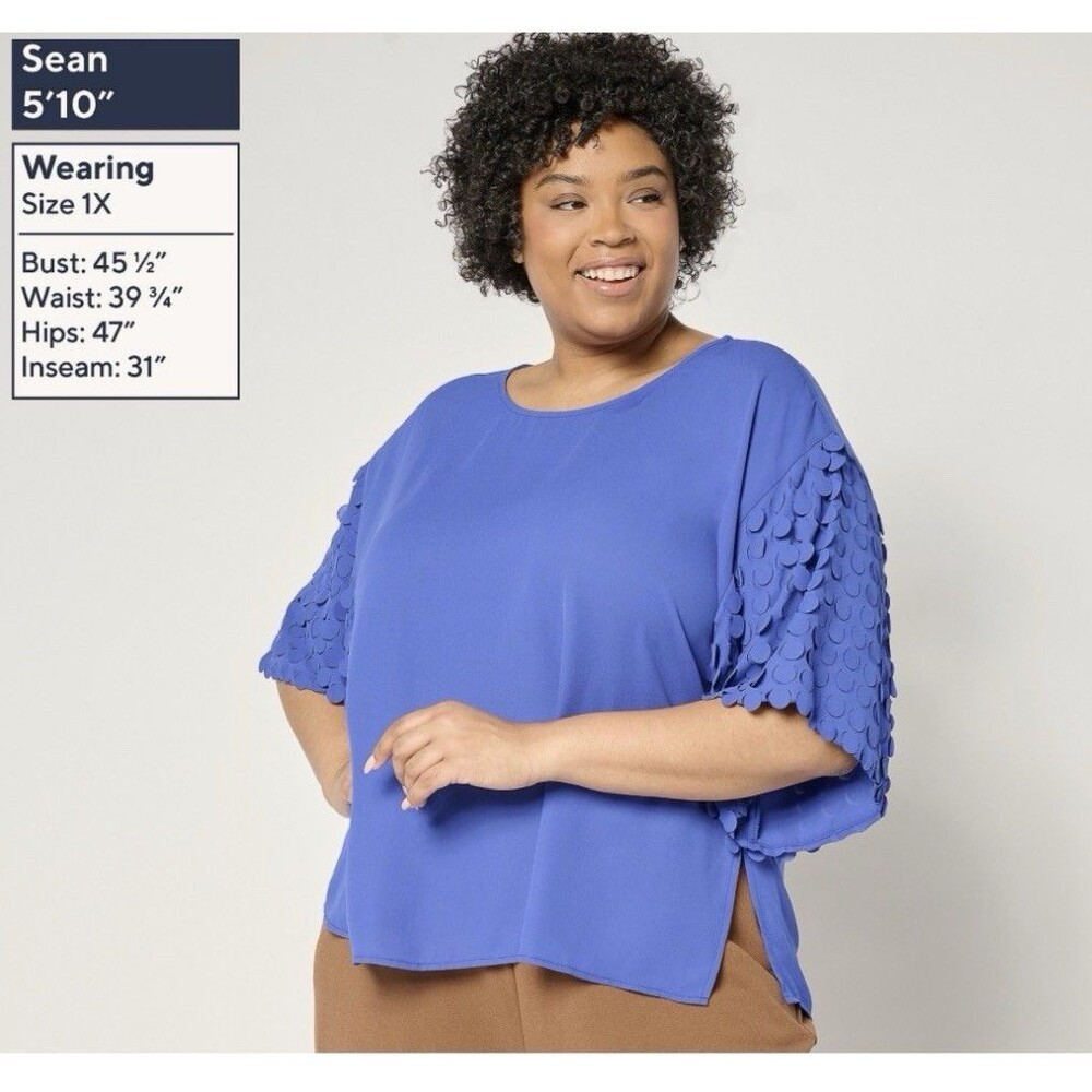 Dennis Basso Woven Top with Paillette Sleeves Deep Blue Sea Sz Large